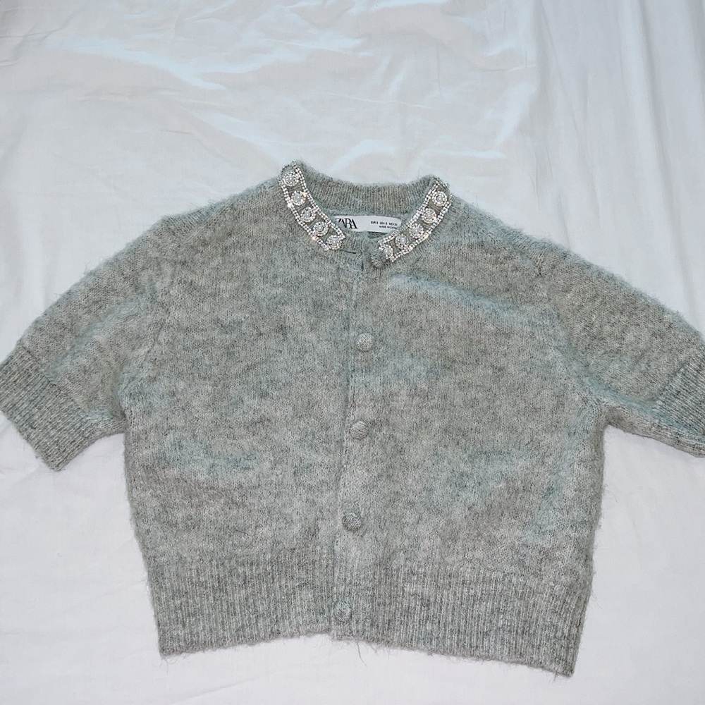 ZARA Embellished Collar Fuzzy Knit Cropped Cardigan